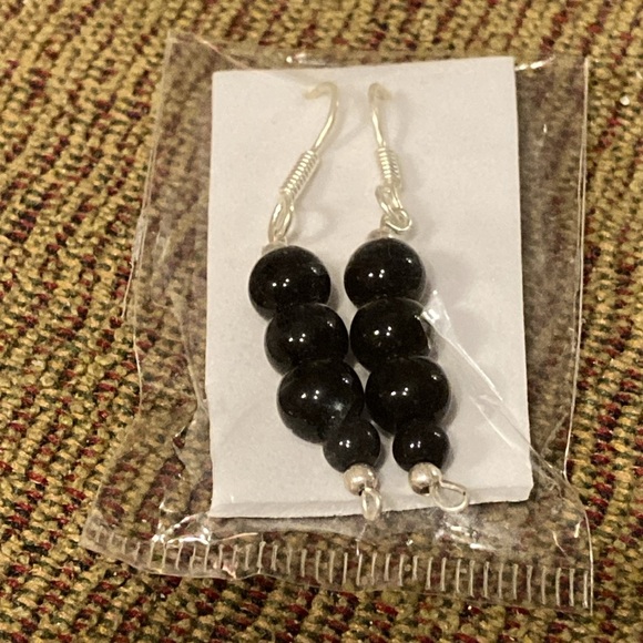 NWOT - Black Onyx Triple Ball Beaded Long Drop Style Mexican Silver Earrings - Picture 9 of 9